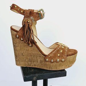 Ash Brown Suede Cork Wedge Sandals with Gold Studs